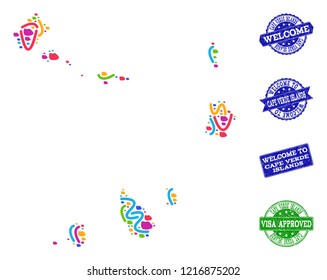 Welcome combination of mosaic map of Cape Verde Islands and rubber seal stamps. Vector greeting watermarks with distress rubber texture. Welcome flat design for guest appreciation purposes.
