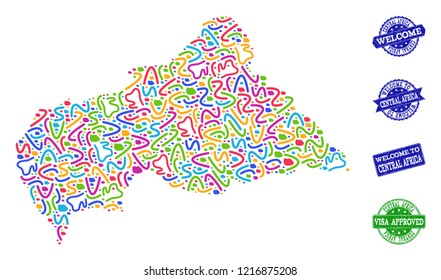 Welcome combination of mosaic map of Central African Republic and scratched seal stamps. Vector greeting seals with scratched rubber texture. Welcome flat design for tourist greetings templates.