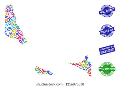 Welcome combination of mosaic map of Comoros Islands and rubber seals. Vector greeting seals with distress rubber texture. Welcome flat design for political templates.