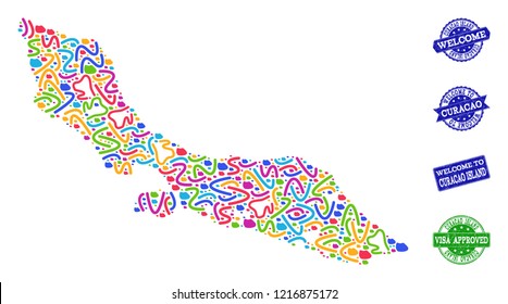 Welcome combination of mosaic map of Curacao Island and rubber seal stamps. Vector greeting seals with distress rubber texture. Welcome flat design for tourist greetings templates.