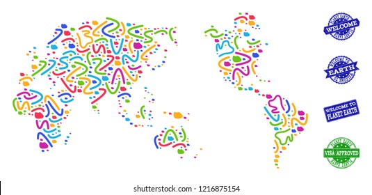 Welcome combination of mosaic map of Earth and rubber seals. Vector greeting seals with unclean rubber texture. Welcome flat design for patriotic purposes.