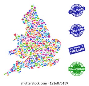Welcome combination of mosaic map of England and unclean seal stamps. Vector greeting watermarks with unclean rubber texture. Welcome flat design for tourist greetings posters.