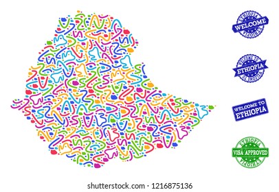 Welcome combination of mosaic map of Ethiopia and dirty seals. Vector greeting seals with grunge rubber texture. Welcome flat design for tourist greetings illustrations.