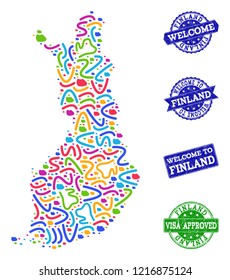 Welcome combination of mosaic map of Finland and grunge stamps. Vector greeting imprints with corroded rubber texture. Welcome flat design for political illustrations.