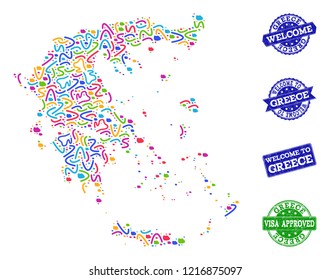 Welcome combination of mosaic map of Greece and rubber seals. Vector greeting watermarks with distress rubber texture. Welcome flat design for patriotic illustrations.