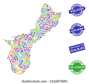 Welcome combination of mosaic map of Guam Island and unclean stamps. Vector greeting seals with unclean rubber texture. Welcome flat design for tourist greetings posters.