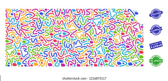 Welcome combination of mosaic map of Kansas State and rubber seals. Vector greeting imprints with grunge rubber texture. Welcome flat design for patriotic templates.