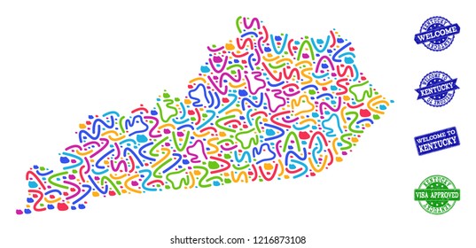 Welcome combination of mosaic map of Kentucky State and rubber seal stamps. Vector greeting imprints with grunge rubber texture. Welcome flat design for patriotic templates.