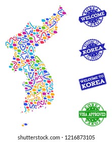 Welcome combination of mosaic map of Korea and corroded stamps. Vector greeting imprints with corroded rubber texture. Welcome flat design for guest appreciation purposes.