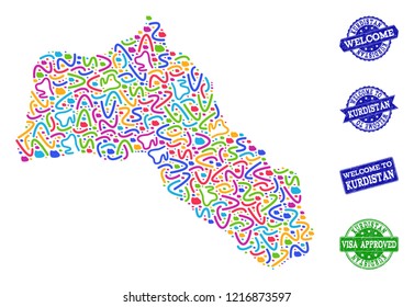 Welcome combination of mosaic map of Kurdistan and rubber seals. Vector greeting seals with corroded rubber texture. Welcome flat design for tourist greetings purposes.