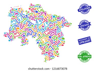 Welcome combination of mosaic map of Lower Saxony State and scratched seals. Vector greeting seals with distress rubber texture. Welcome flat design for political posters.