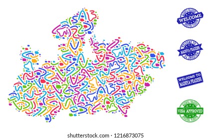 Welcome combination of mosaic map of Madhya Pradesh State and unclean seals. Vector greeting seals with unclean rubber texture. Welcome flat design for tourist greetings purposes.