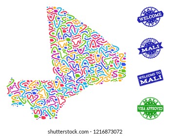 Welcome combination of mosaic map of Mali and rubber seals. Vector greeting seals with scratched rubber texture. Welcome flat design for patriotic templates.