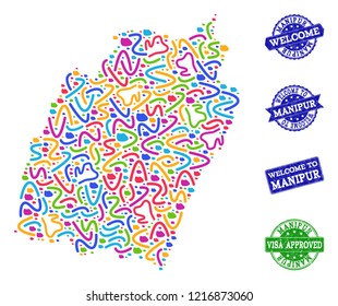 Welcome combination of mosaic map of Manipur State and dirty seals. Vector greeting seals with corroded rubber texture. Welcome flat design for patriotic templates.