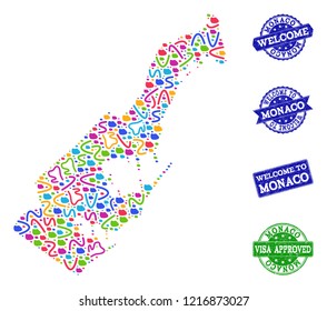 Welcome combination of mosaic map of Monaco and rubber seals. Vector greeting seals with distress rubber texture. Welcome flat design for guest appreciation posters.
