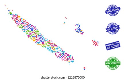 Welcome combination of mosaic map of New Caledonia and dirty seals. Vector greeting seals with corroded rubber texture. Welcome flat design for political posters.