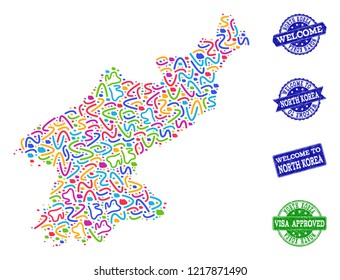 Welcome combination of mosaic map of North Korea and rubber seals. Vector greeting seals with unclean rubber texture. Welcome flat design for tourist greetings posters.