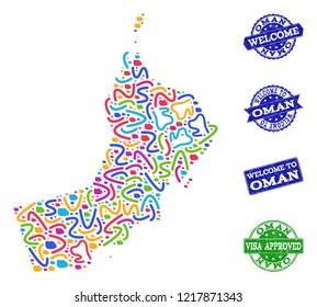 Welcome combination of mosaic map of Oman and rubber seals. Vector greeting imprints with unclean rubber texture. Welcome flat design for tourist greetings templates.