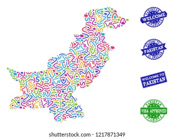 Welcome combination of mosaic map of Pakistan and rubber seals. Vector greeting seals with distress rubber texture. Welcome flat design for political posters.