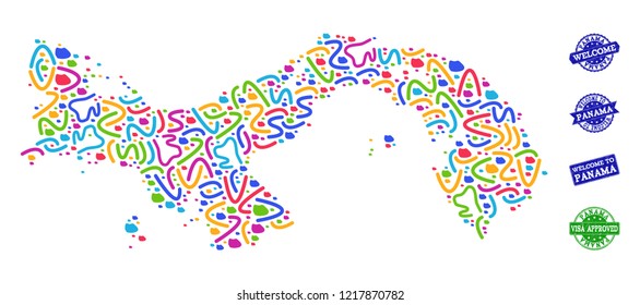 Welcome combination of mosaic map of Panama and rubber stamps. Vector greeting seals with scratched rubber texture. Welcome flat design for guest appreciation posters.