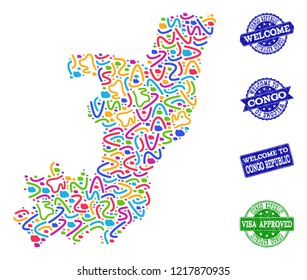 Welcome combination of mosaic map of Republic of the Congo and rubber seal stamps. Vector greeting imprints with grunge rubber texture. Welcome flat design for political templates.