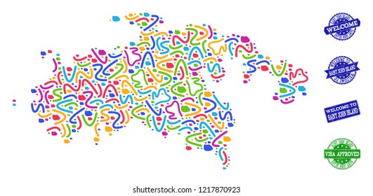 Welcome combination of mosaic map of Saint John Island and rubber seal stamps. Vector greeting seals with unclean rubber texture. Welcome flat design for guest appreciation posters.