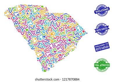 Welcome combination of mosaic map of South Carolina State and grunge seals. Vector greeting seals with distress rubber texture. Welcome flat design for tourist greetings posters.