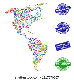 Welcome combination of mosaic map of South and North America and corroded seals. Vector greeting seals with corroded rubber texture. Welcome flat design for guest appreciation purposes.
