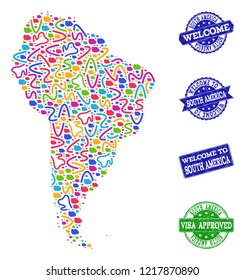 Welcome combination of mosaic map of South America and corroded seals. Vector greeting seals with corroded rubber texture. Welcome flat design for patriotic posters.