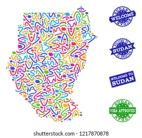 Welcome combination of mosaic map of Sudan and rubber seal stamps. Vector greeting watermarks with corroded rubber texture. Welcome flat design for guest appreciation purposes.