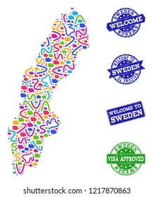 Welcome combination of mosaic map of Sweden and rubber stamps. Vector greeting watermarks with distress rubber texture. Welcome flat design for tourist greetings templates.