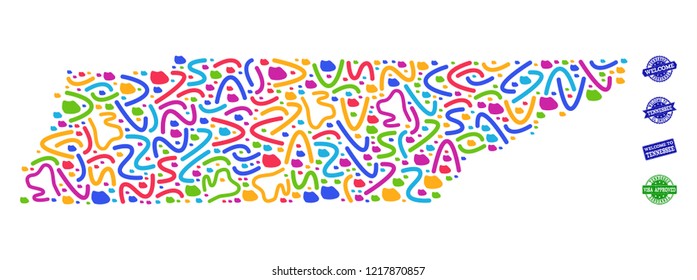 Welcome combination of mosaic map of Tennessee State and textured seals. Vector greeting seals with distress rubber texture. Welcome flat design for guest appreciation posters.