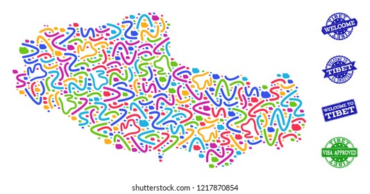 Welcome combination of mosaic map of Tibet and rubber stamps. Vector greeting watermarks with distress rubber texture. Welcome flat design for tourist greetings illustrations.