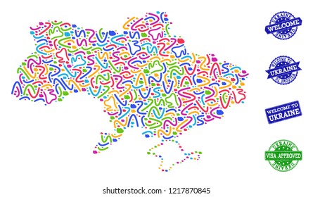 Welcome combination of mosaic map of Ukraine and unclean seal stamps. Vector greeting seals with unclean rubber texture. Welcome flat design for political posters.