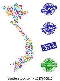 Welcome combination of mosaic map of Vietnam and grunge stamps. Vector greeting imprints with distress rubber texture. Welcome flat design for guest appreciation templates.