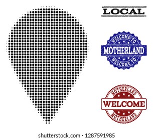 Welcome composition of halftone local place and corroded watermarks. Halftone local place constructed with black circle pixels.