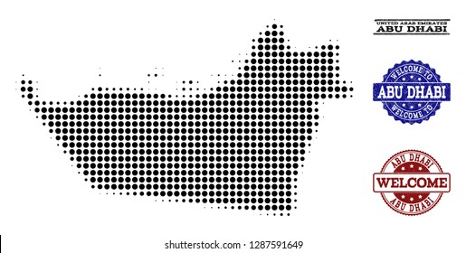 Welcome composition of halftone map of Abu Dhabi Emirate and scratched watermarks. Halftone map of Abu Dhabi Emirate constructed with black spheric pixels.