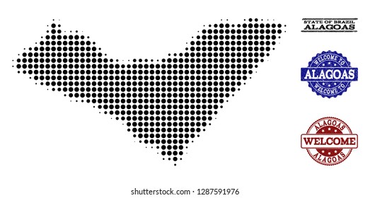 Welcome composition of halftone map of Alagoas State and dirty seals. Halftone map of Alagoas State constructed with black spheric elements.