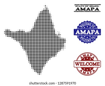 Welcome composition of halftone map of Amapa state and rubber watermarks. Halftone map of Amapa state constructed with black spheric pixels.