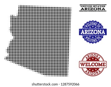 Welcome composition of halftone map of Arizona State and rubber seals. Halftone map of Arizona State designed with black spheric dots.