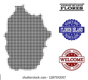 Welcome composition of halftone map of Azores - Flores Island and dirty watermarks. Halftone map of Azores - Flores Island constructed with black spheric items.