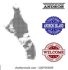 Welcome composition of halftone map of Bahamas - Andros Island and rubber stamps. Halftone map of Bahamas - Andros Island constructed with black spheric dots.