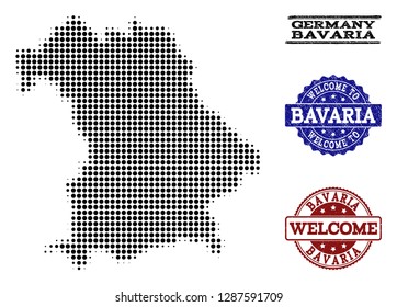 Welcome composition of halftone map of Bavaria State and textured watermarks. Halftone map of Bavaria State constructed with black round items.