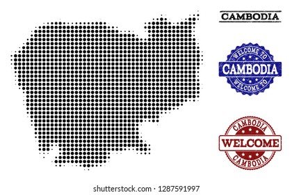 Welcome composition of halftone map of Cambodia and corroded watermarks. Halftone map of Cambodia designed with black spheric points.