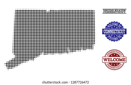 Welcome composition of halftone map of Connecticut State and grunge stamps. Halftone map of Connecticut State constructed with black round dots.