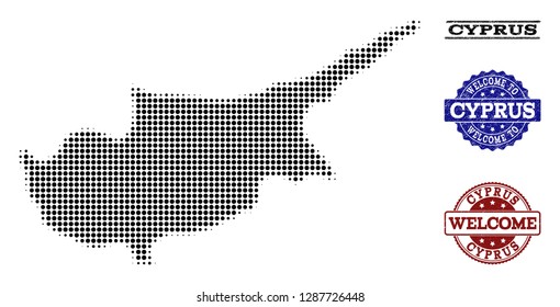 Welcome composition of halftone map of Cyprus Island and rubber watermarks. Halftone map of Cyprus Island designed with black spheric pixels.