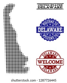 Welcome composition of halftone map of Delaware State and textured watermarks. Halftone map of Delaware State designed with black spheric elements.