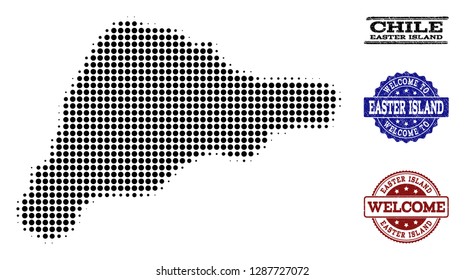 Welcome composition of halftone map of Easter Island and rubber stamps. Halftone map of Easter Island constructed with black spheric pixels.