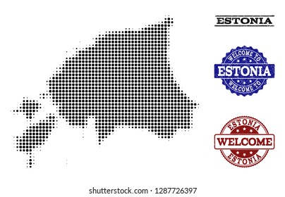 Welcome composition of halftone map of Estonia and unclean watermarks. Halftone map of Estonia designed with black circle dots.