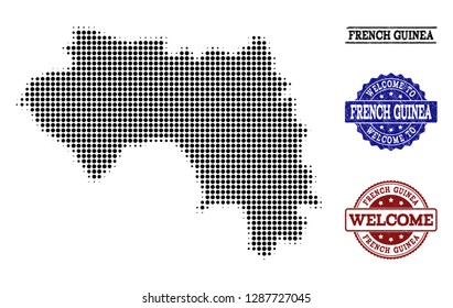 Welcome composition of halftone map of French Guinea and rubber seals. Halftone map of French Guinea designed with black round points.